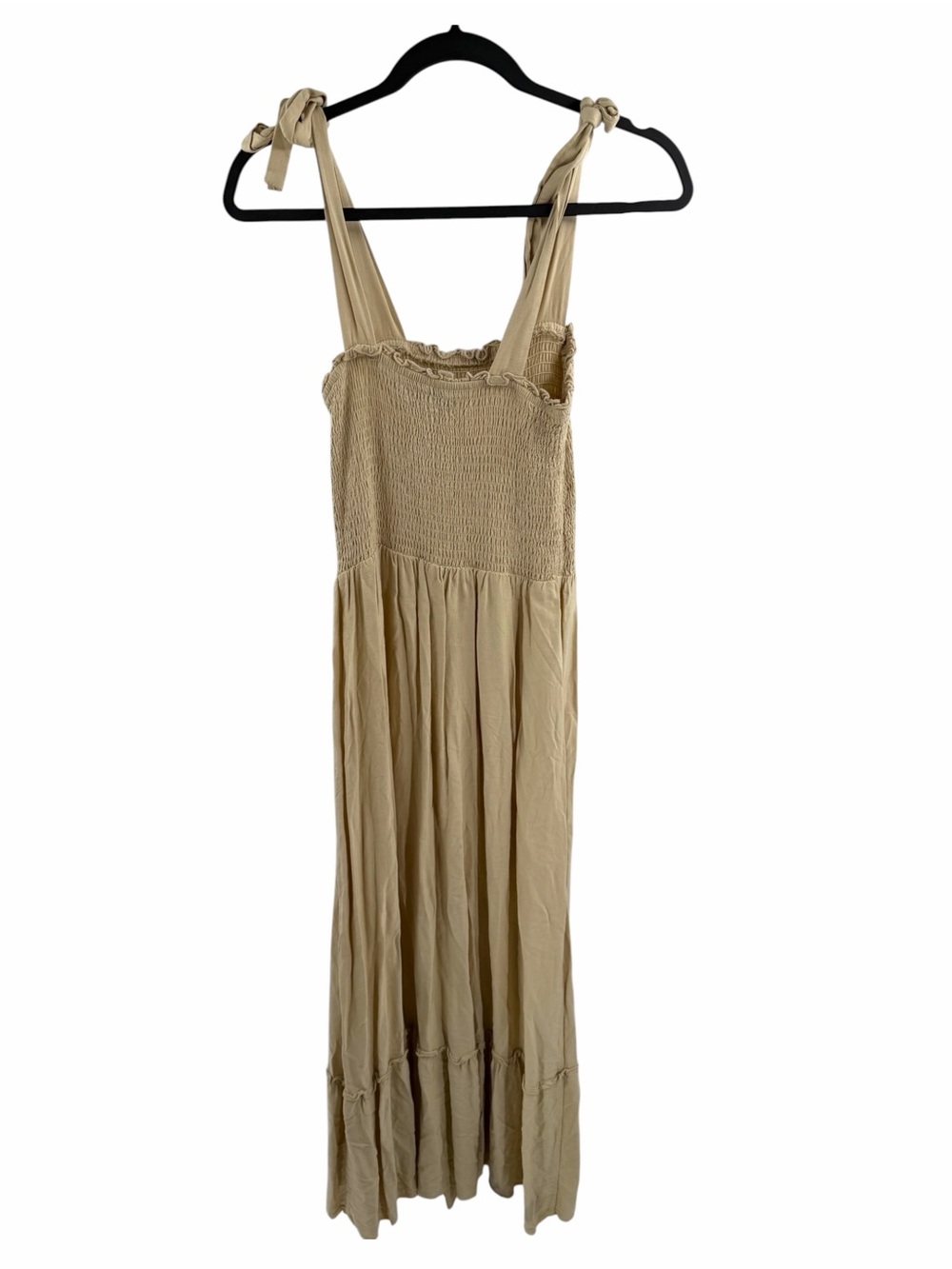 ZESICA SPAGHETTI STRAP RUFFLE MAXI DRESS Beige Yellow Tie-Shoulder Smocked Small - Picture 2 of 6